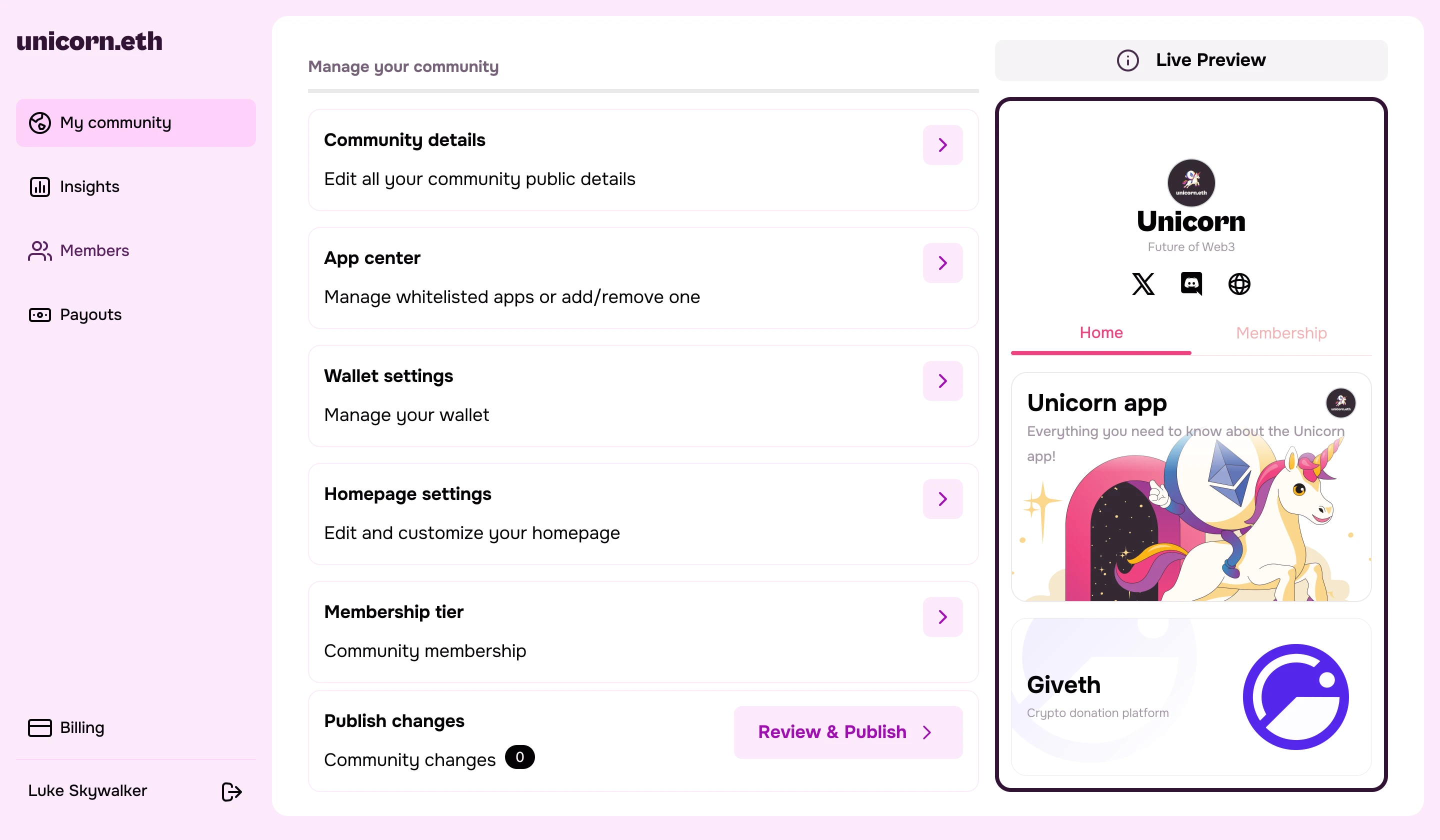 The Manage your community dashboard, listing community details, App Center, wallet settings, homepage settings, and membership tier, with a live preview of the member-facing home screen alongside