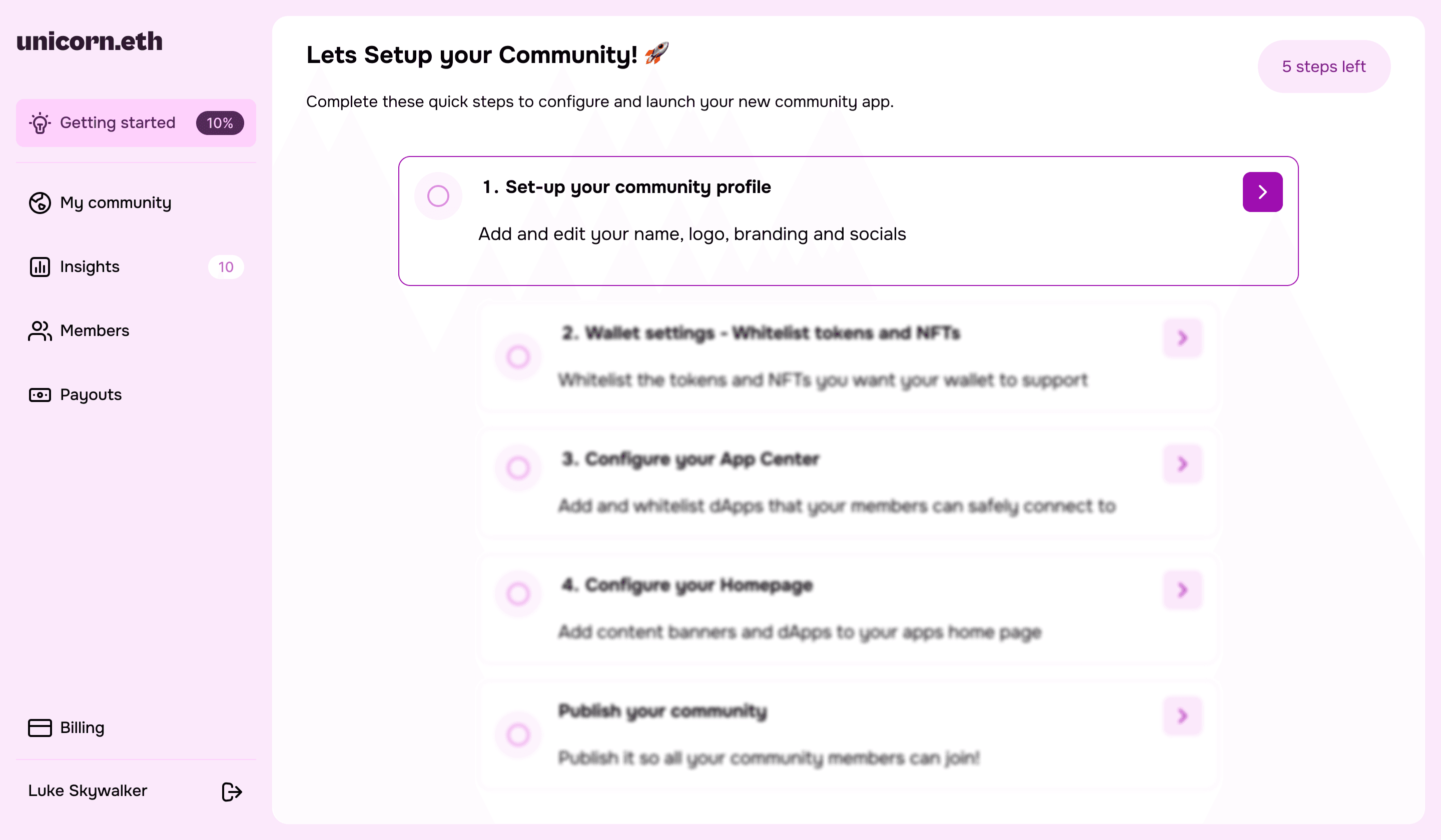 The guided setup checklist at the start, five steps left to configure the community