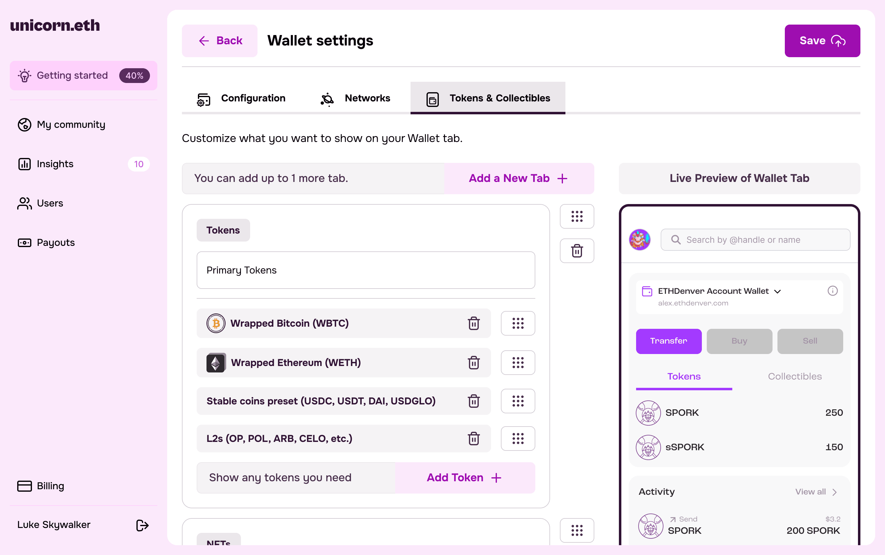 Wallet settings for the Tokens & Collectibles tab, letting a brand manager choose which tokens appear, with a live preview of the resulting wallet screen